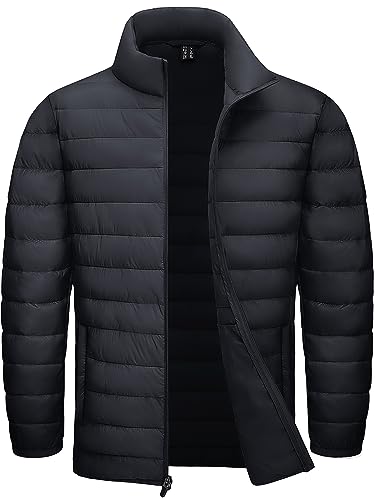 TACVASEN Mens Puffer Jacket Packable Down Coats Lightweight Winter Jacket Water-Resistant Windproof Insulated Coat Black S