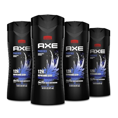 AXE Body Wash Phoenix 4 Count 12h Refreshing Scent Crushed Mint & Rosemary Men's Body Wash with 100% Plant-Based Moisturizers 16 oz