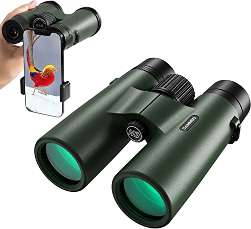 12x42 HD Binoculars for Adults High Powered with Phone Adapter, Low Light Larger View SMC Lens & Brighter BAK-4 Prism, Waterproof FogProof Binoculars for Bird Watching Travel Cruise Ship Hunting Green