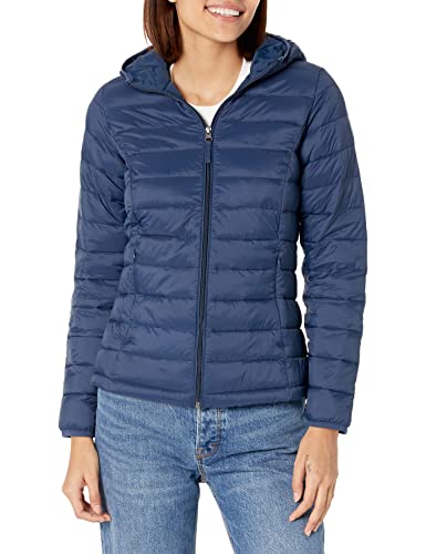 Amazon Essentials Women's Lightweight Long-Sleeve Full-Zip Water-Resistant Packable Hooded Puffer Jacket, Navy, Medium