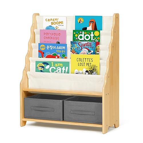 OOOK Solid Wood Kids Bookshelf, 27.6' L x 11' W x 34' H Toddler Montessori Bookshelf Equipped with 4 Sling Bookshelf, 2 Toy Organizer Shelves and Storage Boxes, Nice Book Shelf for Kids Rooms, Nursery