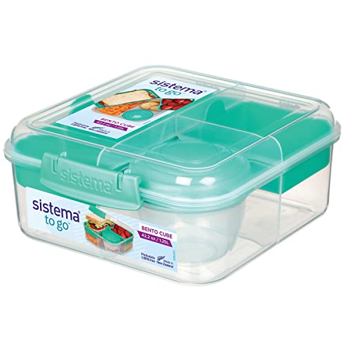 Sistema Bento Box Adult Lunch Box with 3 Compartments, 2 Removable Trays, and Salad Dressing Container, Dishwasher Safe, Color May Vary, 42 oz./1.25L Size (Pack of 4)