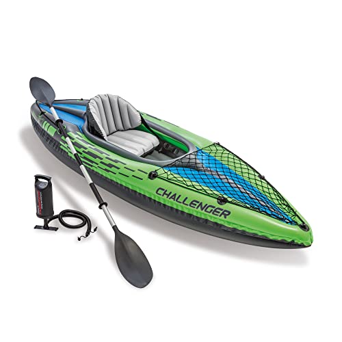 Intex 68305EP Challenger K1 Inflatable Kayak Set: Includes Deluxe 86in Kayak Paddles and High-Output Pump – Adjustable Seat with Backrest – Removable Skeg – 1-Person – 220lb Weight Capacity