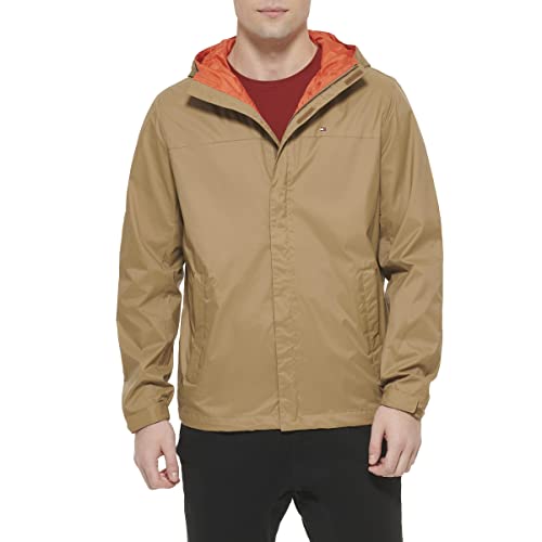 Tommy Hilfiger Men's Lightweight Breathable Waterproof Hooded Jacket, Khaki, Large