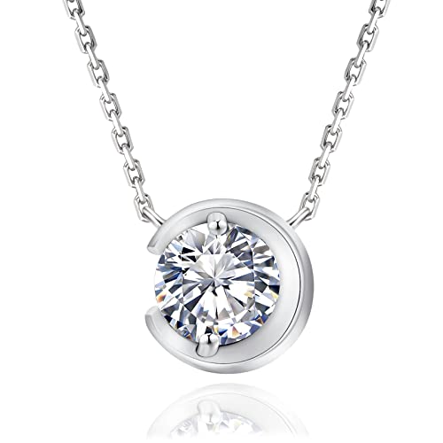 KRKC Moissanite Pendant Necklace for Women, 1 Carat Lab Grown Diamond Stone with VVS1 Clarity D Color, 14K White Gold Plated Sterling Silver Classic Solitaire Chain for Her (Full Moon)