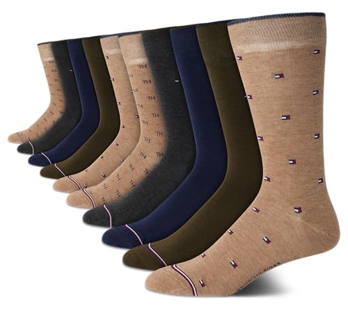 Tommy Hilfiger Men's Dress Socks - 10 Pack Lightweight Reinforced Heel Classic Crew Socks - Dress Socks for Men (7-12), Size 7-12, Khaki Assorted