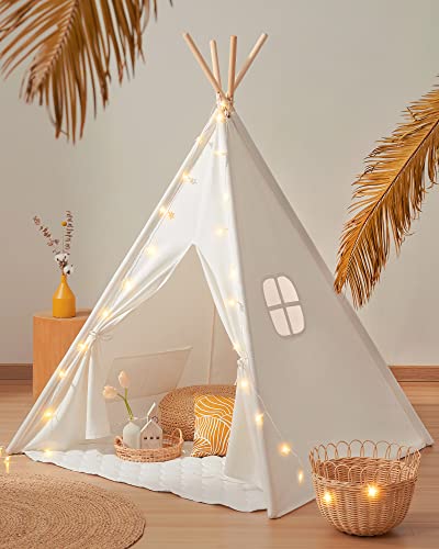 Tiny Land Teepee Tent for Kids with Light & Padded Mat & Carry Bag,Outdoor Kids Teepee Tent, Play Tent for Toddlers 1-3, 100% Cotton Canvas Foldable Design, Indoor Play Tent for Girls & Boys