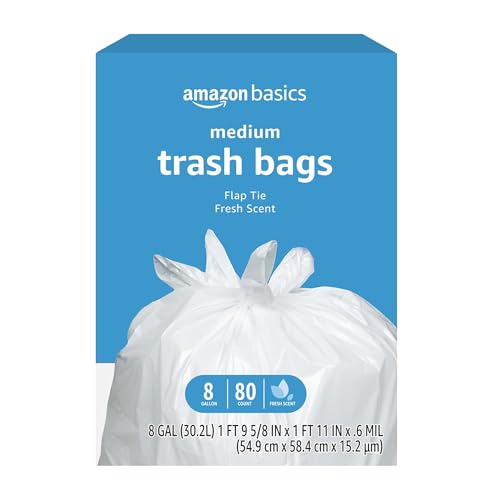 Amazon Basics 8 Gallon Flap Tie Trash Bags, 80 Count Fresh Scent