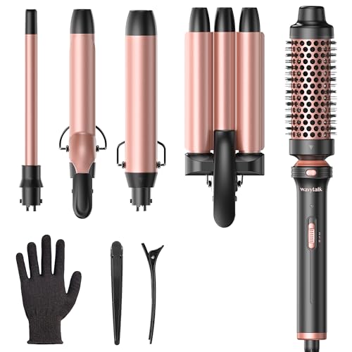 Wavytalk 5 in 1 Curling Wand Set, Dual Voltage Curling Iron Set with 5 Interchangeable Barrels Included A Thermal Brush, A Hair Crimper and 3 Ceramic Curling Wands(0.5'-1.25'), Rose Pink