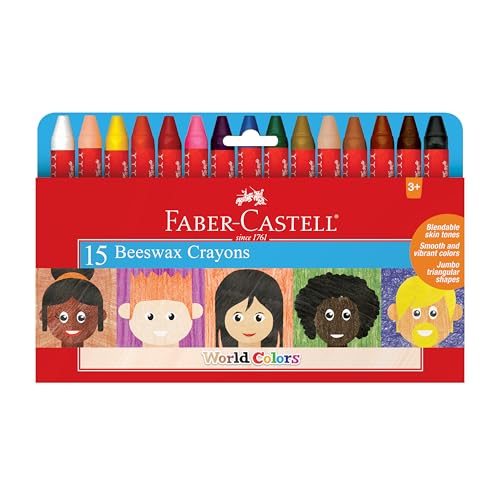 Faber Castell World Colors Beeswax Crayons - 15 Count, 9 Traditional and 6 Skin Color Crayons - Multicultural Crayons for Kids