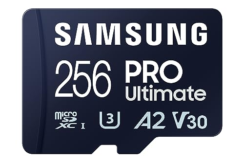 SAMSUNG PRO Ultimate microSD Memory Card + Adapter, 256GB microSDXC, Up to 200 MB/s, 4K UHD, UHS-I, Class 10, U3,V30, A2 for GoPRO Action Cam, DJI Drone, Gaming, Phones, Tablets, MB-MY256SA/AM