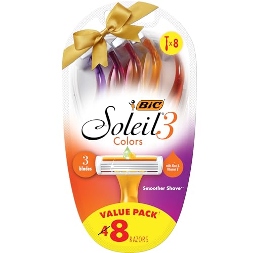 BIC Soleil Smooth Colors Women's Disposable Razors With Vitamin E Lubricating Strip for Enhanced Glide, With 3 Blades, 8 Count, Great Stocking Stuffer