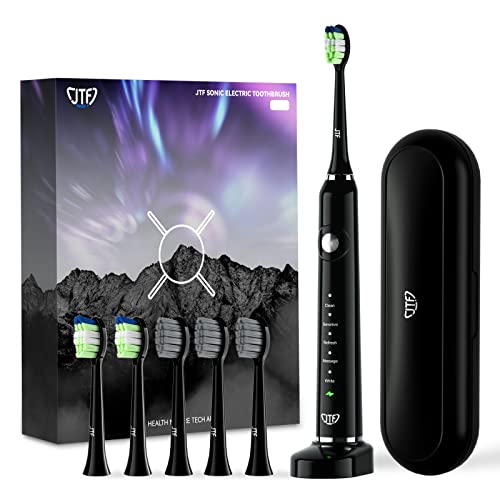 JTF Sonic Electric Toothbrush for Adults - Teeth Whitening Toothbrush with 6 Brush Heads and a Travel Case, Fast Charging for 60 Days Use Waterproof Toothbrushes, Black