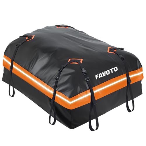 Favoto Car Rooftop Cargo Carrier - Waterproof Roof Bag for All Cars - 15 Cubic Feet Large Capacity 500D Durable PVC Material - Include Anti-Slip Mat 8 Reinforced Straps, Black & Orange