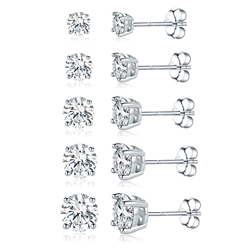 Moissanite Stud Earrings S925 Sterling Silver Round Moissanite Diamond Stud Earrings Set Pack of 5(3/4/5/6/7mm)