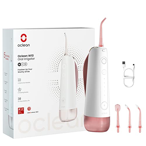 Cordless Water Flosser for Teeth Oclean W10, Portable Oral Irrigator with 5 Flossing Modes & 4 Replaceable Jet Tips, Rechargeable Waterproof IPX7-Pink Birthday Gifts for Women