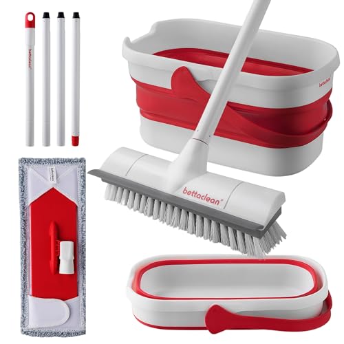 Foldable Mop and Bucket Set with Heavy Duty Scrub Mop and Broom, Collapsible Mop and Bucket with Wringer Set for Home, Indoor & Outdoor Mop for Patio, Deck, RV, Concrete Floor Cleaning by Bettaclean