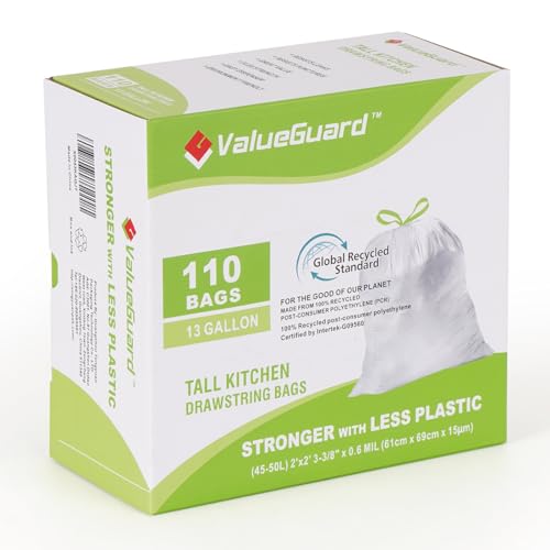 ValueGuard Large Trash Bags 13 Gallon Tall Kitchen Drawstring 100% Post-Consumer Recycled Garbage Bags Waste Bag for Office 0.6 Mil (110 Count)