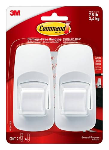 Command 7.5 lb Jumbo Utility Hook, 2 Hooks and 4 Command Stips, Damage Free Hanging Wall Hooks with Adhesive Strips, No Tools Adhesive Hooks for Hanging Christmas Decorations