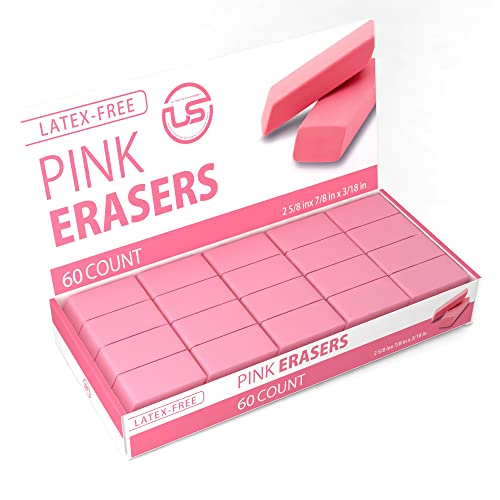 Pink Erasers, Erasers for Kids, Rubber Eraser, 60 Count, Erasers Bulk for School Supplies, Art, and Office Use