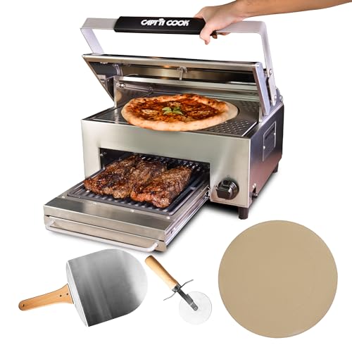 CAPT'N COOK OvenPlus Pizza Oven Outdoor Gas Pizza Oven, Portable Propane Pizza Oven with Double Cooking Deck, Smokeless Outdoor Pizza Maker with Pizza Stone, Cutter and Peel for Backyard BBQ Camping