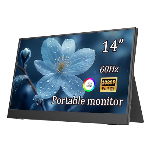 JUSTTHINK 14'' Portable Monitor for Laptop, 1080p 60Hz, for Laptop PC PS5 Xbox Switch, USB & HDMI Input, with Smart Cover