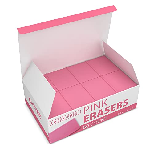 Pink Erasers – Square Eraser, Erasers for Kids, Rubber Eraser, 60 Count, Erasers Bulk for School Supplies, Art, and Office Use