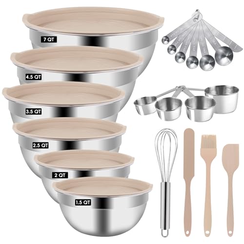 WEPSEN Mixing Bowls Set, 27PCS Khaki Mixing Bowls With Lids Set Stainless Steel Kitchen Large Nesting Metal Bowl 7QT to 1.5QT, Measuring Cups and Spoons for Prepping Cooking Serving