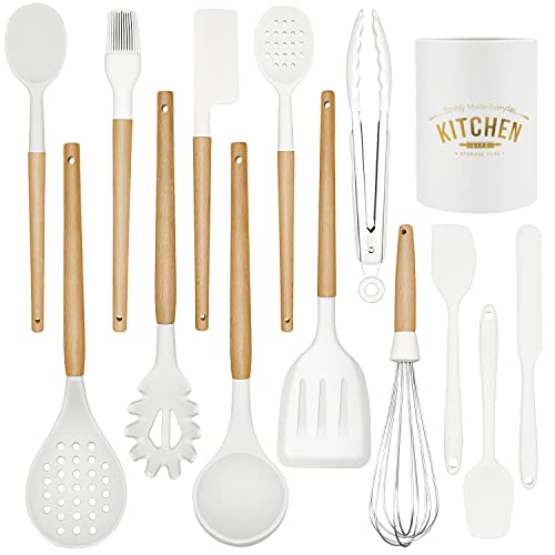 Kitchen Cooking Utensils Set, 14 Non-Stick Silicone Cooking Kitchen Spatula Set with Holder, Wooden Handle Gadgets Utensil Set for Nonstick Cookware(White)