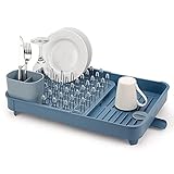 Joseph Joseph Extendable Dual Part Dish Rack Non-Scratch and Movable Cutlery Drainer and Drainage Spout, Sky