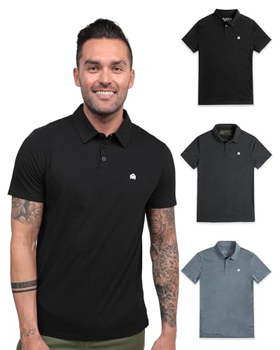 INTO THE AM Basic Polo Shirts for Men 3 Pack - Collared Shirt Men Fitted Short Sleeve Classic Golf Collar Shirts Multipack (Black/Charcoal/Indigo, Medium)