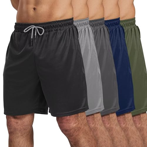 5 Pack Gym Shorts for Men 7 inch, Mens Athletic Running Shorts Dry Fit & Mesh Active Workout Shorts for Men with Pockets(Black,Dark Gray,Light Gray,Navy,Army Green,XL)