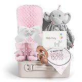 Baby Shower Gifts, Baby Girl Gifts Set Newborn Blanket Elephant Lovey Baby Security Blanket Wooden Rattle Toy, Funny Bibs Socks & Greeting Card, New Girls Baby Gift Basket Essentials