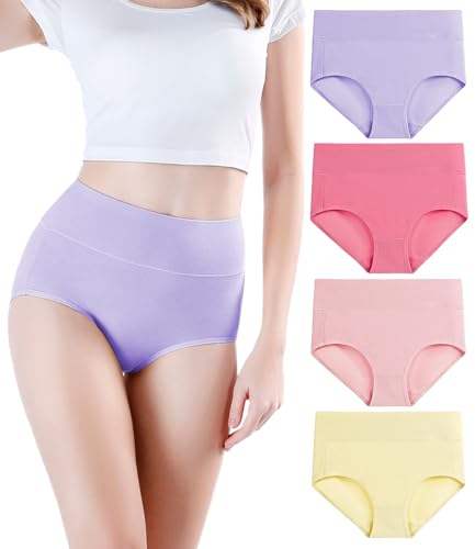 wirarpa Women's Cotton Underwear High Waisted Briefs Ladies Panties Underpants 4 Pack Yellow Purple Pink Small