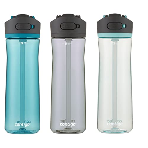 Contigo Ashland 2.0 Leak-Proof & Dishwasher-Safe Water Bottle, Lid Locked & Angled Straw Feature, Interchangeable Lid, 24oz 3-Pack, Colors: Juniper/Sake/Bubble Tea