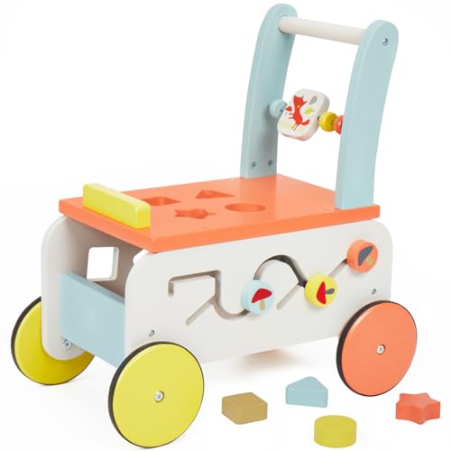 labebe Baby Walker with Wheel, 3-in-1 Wooden Activity Walker for Kids 1-3 Years, Baby Push Walker Girl&Boy/Wooden Push Toy/Walker Toy Infant/Baby Wagons/Learning Walker/Push Cart Toy Orange