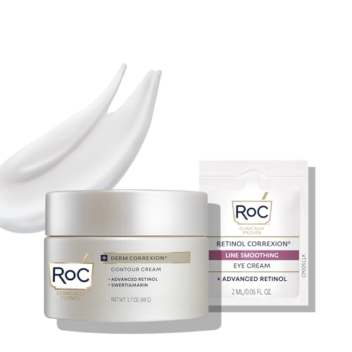 RoC Derm Correxion Neck Cream with Hyaluronic Acid and Advanced Retinol to visibly Tighten & Lift Horizontal Neck Lines, Facial Moisturiser to Contour Face, Neck + Jaw, (1.7 oz) with Retinol Packette