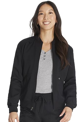 Dickies Women Scrub Jacket Zip Front Warm-Up Rib Knit Collar with 2 Welt Pocket DK365, M, Black