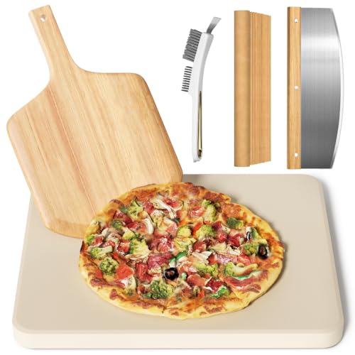 5 PCS Rectangle Pizza Stone Set, 16'Large Pizza Stone for Oven and Grill with Pizza Peel(OAK), Pizza Stone Brush,Pizza Cutter & 10pcs Cooking Paper for Free, Baking Stone for Pizza, Bread,BBQ