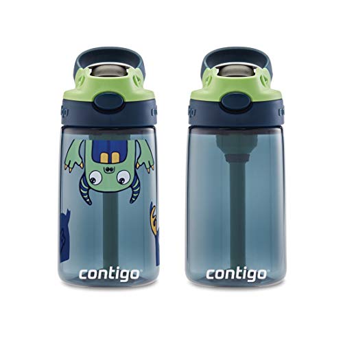 Contigo Aubrey Kids Cleanable Water Bottle with Silicone Straw and Spill-Proof Lid, Blueberry & Monsters, 14 Ounce, 2-Pack