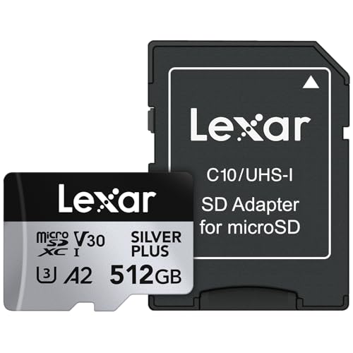 Lexar 512GB Professional Silver Plus microSDXC Memory Card w/SD Adapter, UHS-I, C10, U3, V30, Full-HD & 4K Video, Up to 205/150 MB/s Read/Write, for Videographers, Gamers (LMSSIPL512G-BNANU)