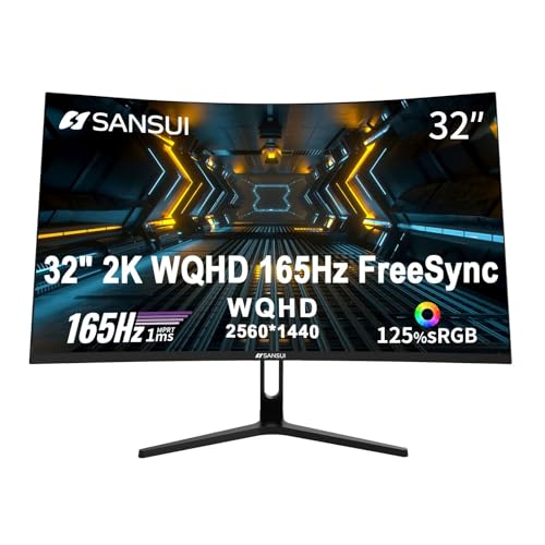 SANSUI 32-Inch Curved Gaming Monitor WQHD 2560 x 1440 165Hz Curved 1500R -1ms(OD), HDR, 300nits, sRGB 125%, DCI-P3 95%, FreeSync, HDMI2.1(TMDS) x2, DP1.2x2(ES-G32C3 DP Cable Included)
