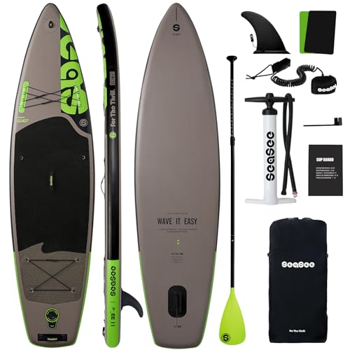 Seaseesup Inflatable Stand Up Paddle Board Includes Paddle, Dual Action Pump, and Accessories 11ft Lightweight iSUP, 33'*6' Wide Stable Design, Anti-Slip EVA Deck, Paddle Board for Adults