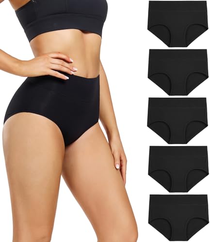 wirarpa Women's Postpartum Underwear High Waisted Ladies Cotton Panties Full Coverage Briefs 5 Pack Black Medium