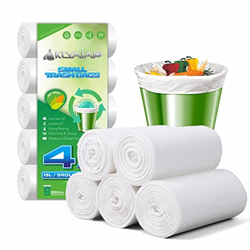 220 Counts Aklyaiap 4 Gallon Trash Bag,Tear & Leak Resistant Bathroom Biodegradable Small Garbage Can Bags Unscented for Home & Kitchen, 5Rolls, White