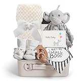 iAOVUEBY Baby Shower Gifts, Baby Boy Gifts, Christmas Baby Gift Set for Newborn Essentials Baby Blanket Elephant Lovey Wooden Rattle, Infant Bibs Socks & Greeting Card, Gender Reveal Gift Basket