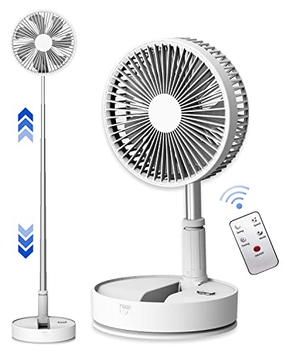 Oscillating Fan with Remote Control, 7200mAh Rechargeable Battery Operated Travel Fan for Camping, 4 Speed, Timer, Height Adjustment Portable Foldable Fan for Travel , Outdoor, Home (White)