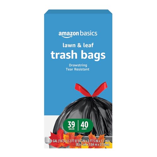 Amazon Basics Lawn & Leaf Drawstring Trash Bags, 39 Gallon, 40 Count