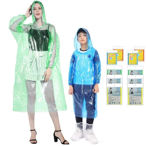 Vialaciger Ponchos Family Pack, Disposable Rain Poncho with Drawstring Hood for Adults and Kids (10 Packs 5 Colors)