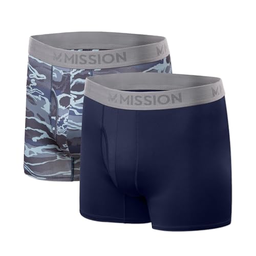 MISSION 5' Performance Jersey Boxer Briefs, XXL - 2 Pack, Navy/Camo - Anti-Roll Waistband - Soft, Moisture-Wicking Fabric